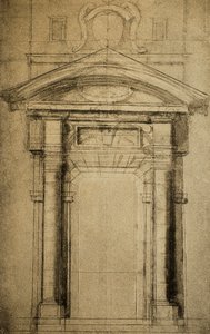 紋章が乗り越えた扉の建築図。ミケランジェロの絵。カーサブオナローティ（フィレンツェ） 作： Michelangelo Buonarroti